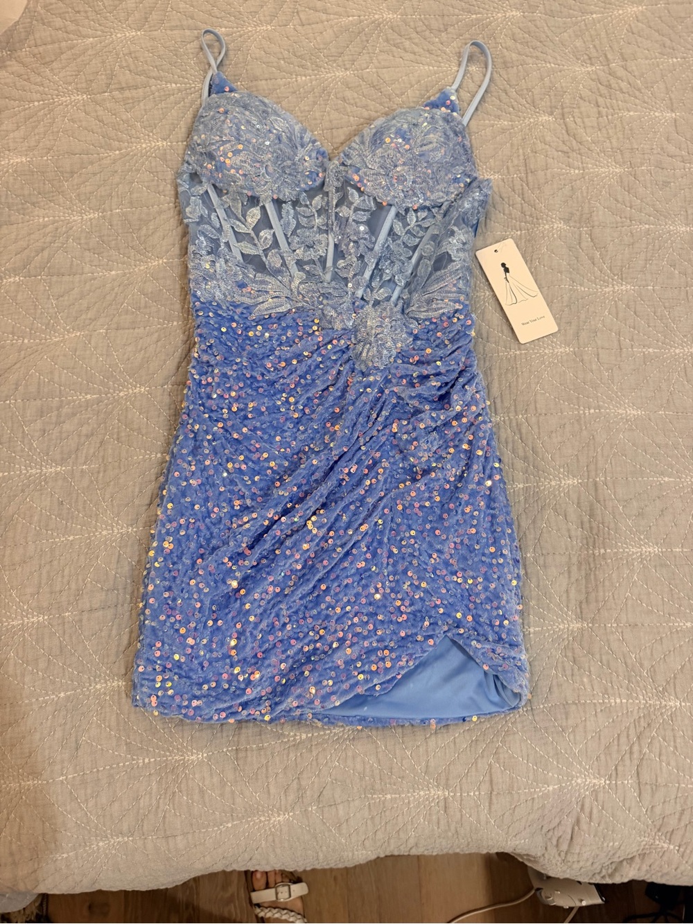 Sleeveless Light Blue Sequin Lace Prom Dress with Corset Bodice
